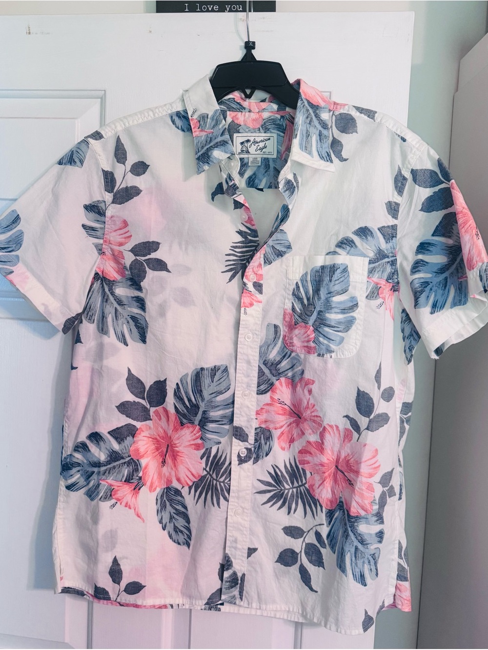 American Eagle Outfitters White Button-Down Shirt with Pink & Blue Floral Print